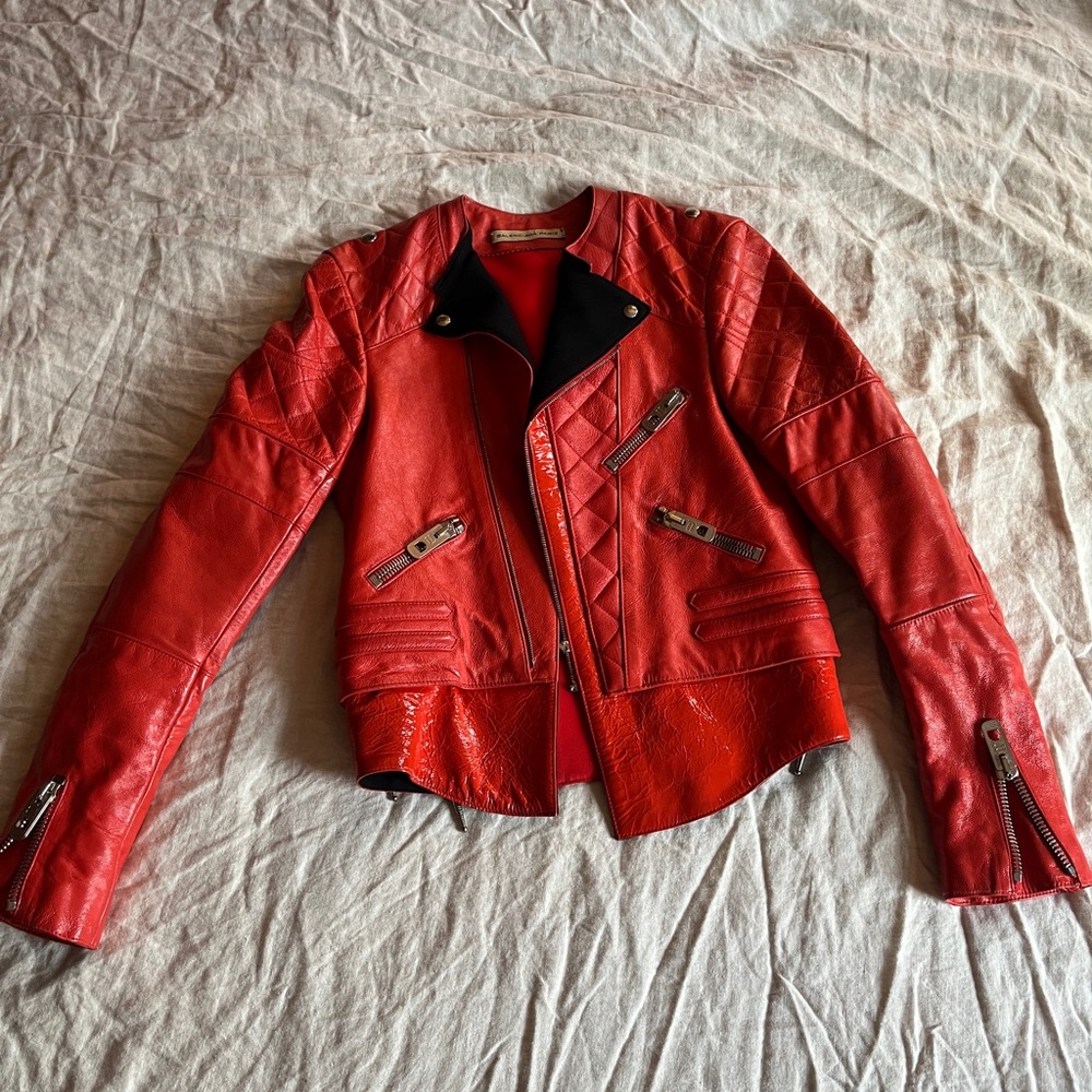 Balenciaga Red Moto Lambskin Leather Jacket